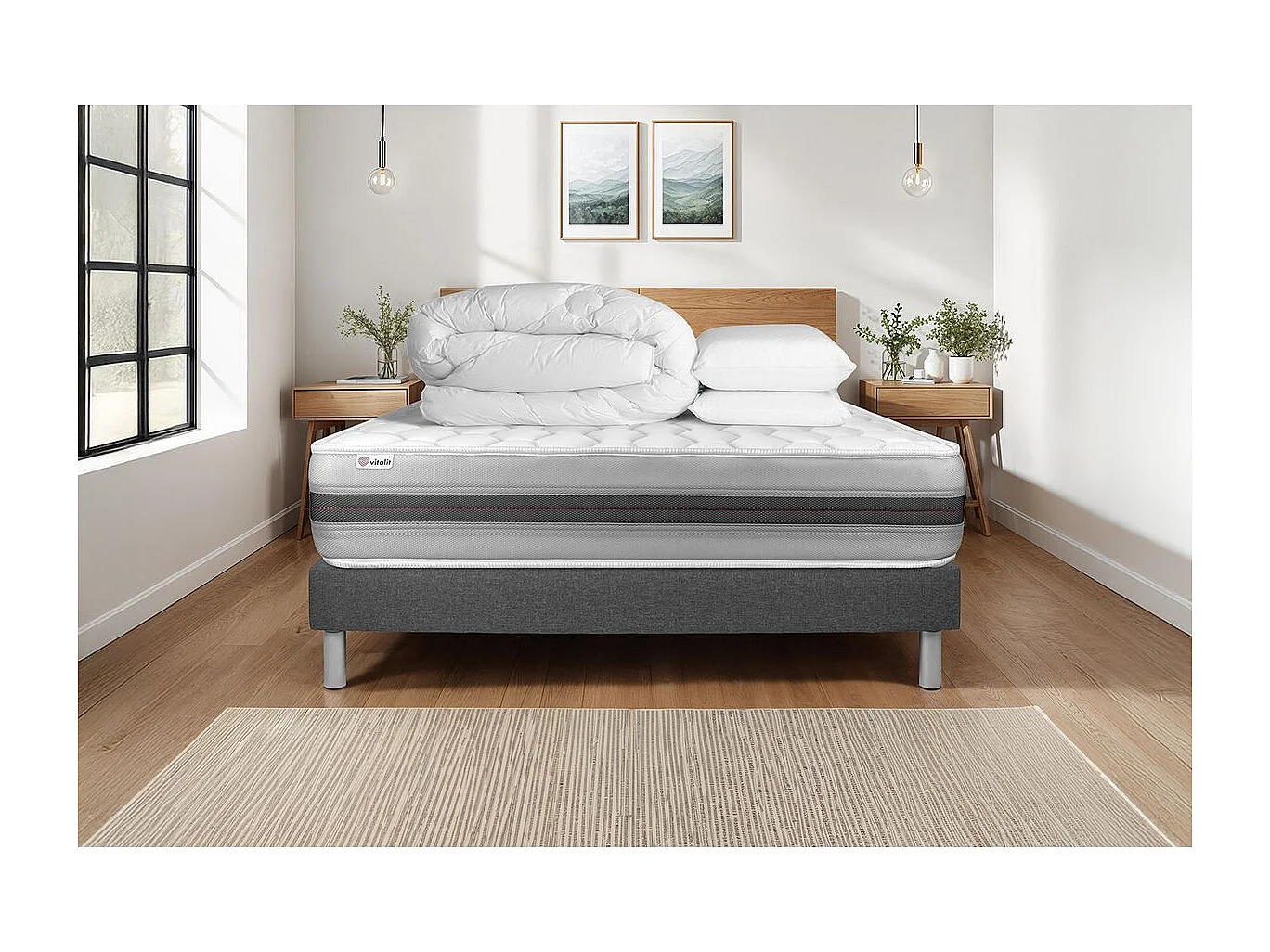 Compleet bedpakket - Matras 200x200 cm + Boxspring met lattenbodem (in kit) + 2 kussens + Dekbed - Vitalspring Recover