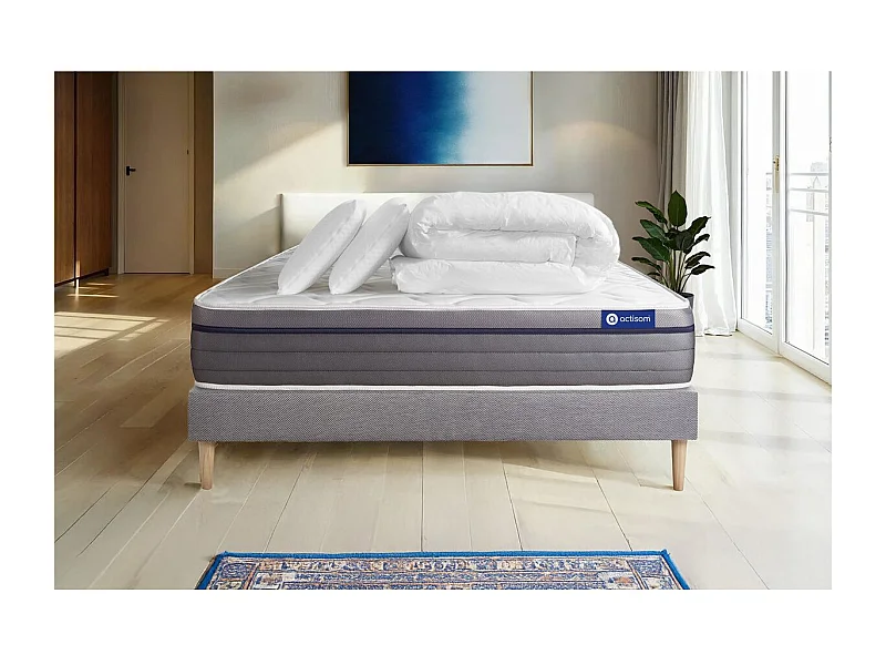 Pack prêt à dormir matelas Latex + Mémoire de forme ACTILATEX ZEN 140x190 cm + sommier KIT gris + 2 oreillers + couette