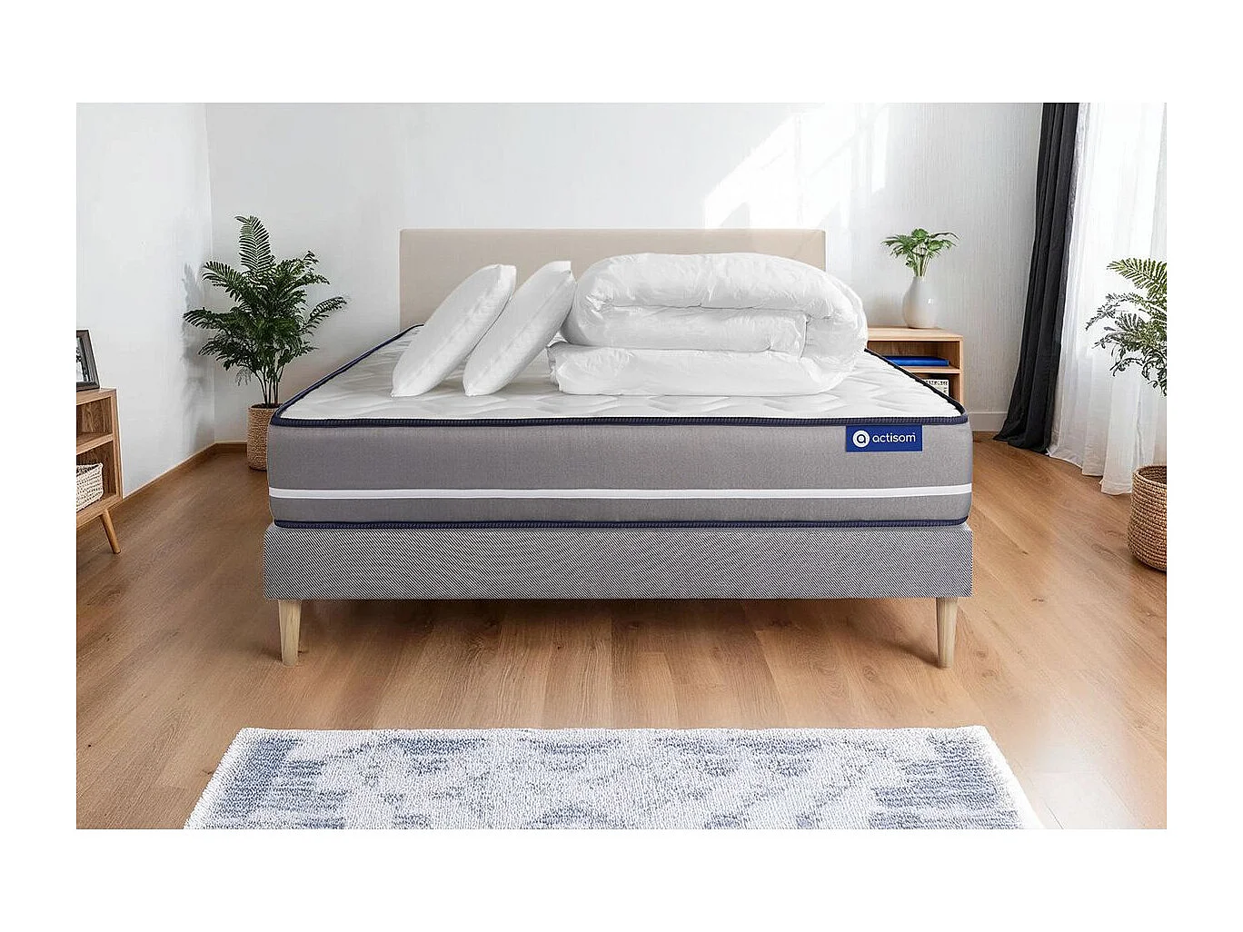 Pack prêt à dormir matelas Ressorts ensachés ACTIFLEX PUR 200x200 3zones de confort + sommier KIT gris + 2 oreillers+couette