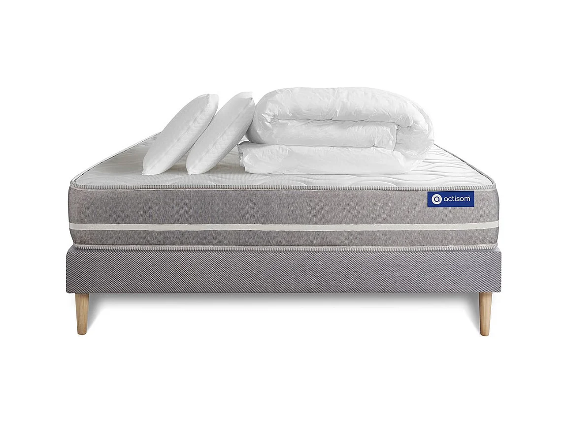 Pack prêt à dormir matelas Latex + mémoire de forme ACTILATEX TOUCH 140x190 cm + sommier KIT gris + 2 oreillers + couette