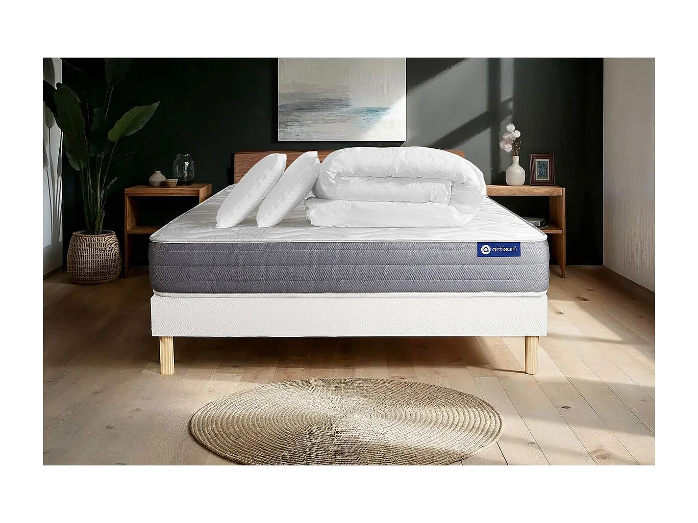 Pack prêt à dormir matelas ACTIFLEX DREAM Ressorts ensachés + mémoire de forme 160x200 + sommier KIT blanc +2oreillers+couette