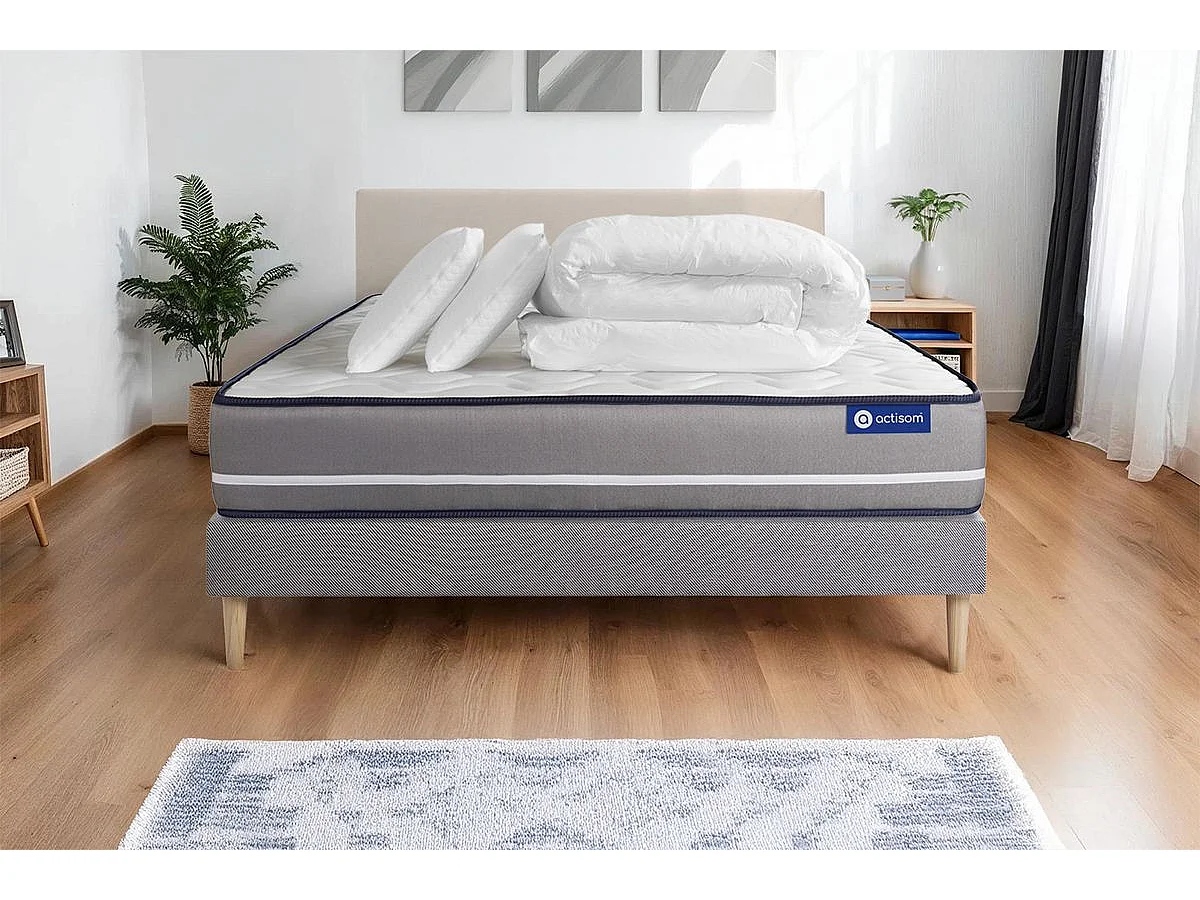 Pack prêt à dormir matelas à mémoire ACTIMEMO PUR 140x200cm 3zones de confort + sommier KIT gris + 2 oreillers + couette