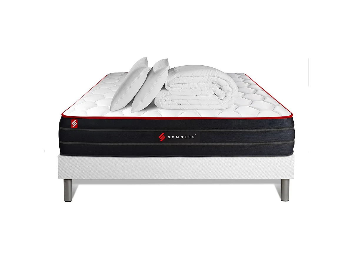 Pack prêt à dormir 180x200 matelas BOOST ressorts ensachés et mémoire de forme + sommier kit blanc + Couette + 2 oreillers