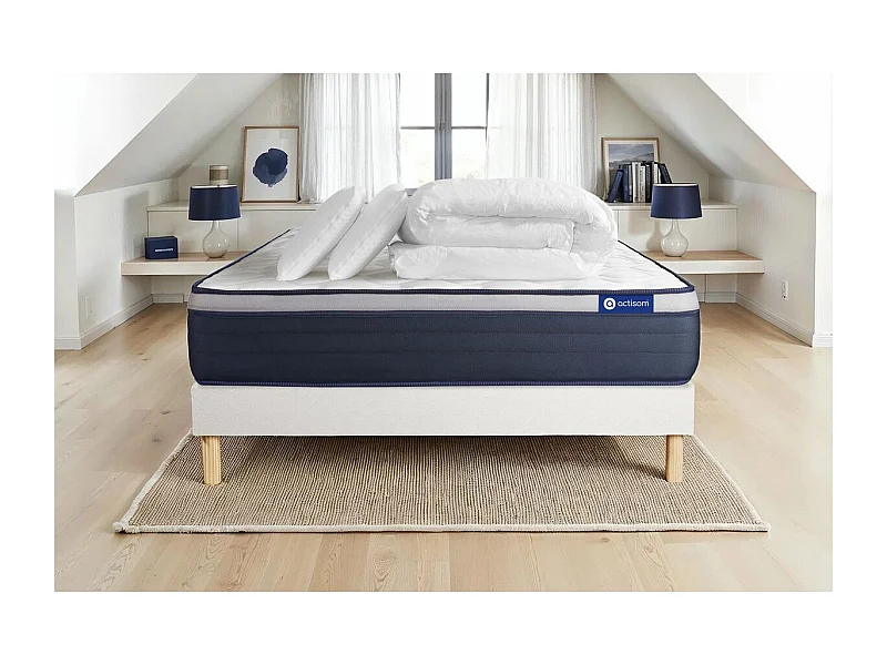 Pack prêt à dormir matelas Ressorts ensachés+Mémoire de forme ACTIFLEX MAX 140x200cm + sommier KIT blanc + 2oreillers+couette