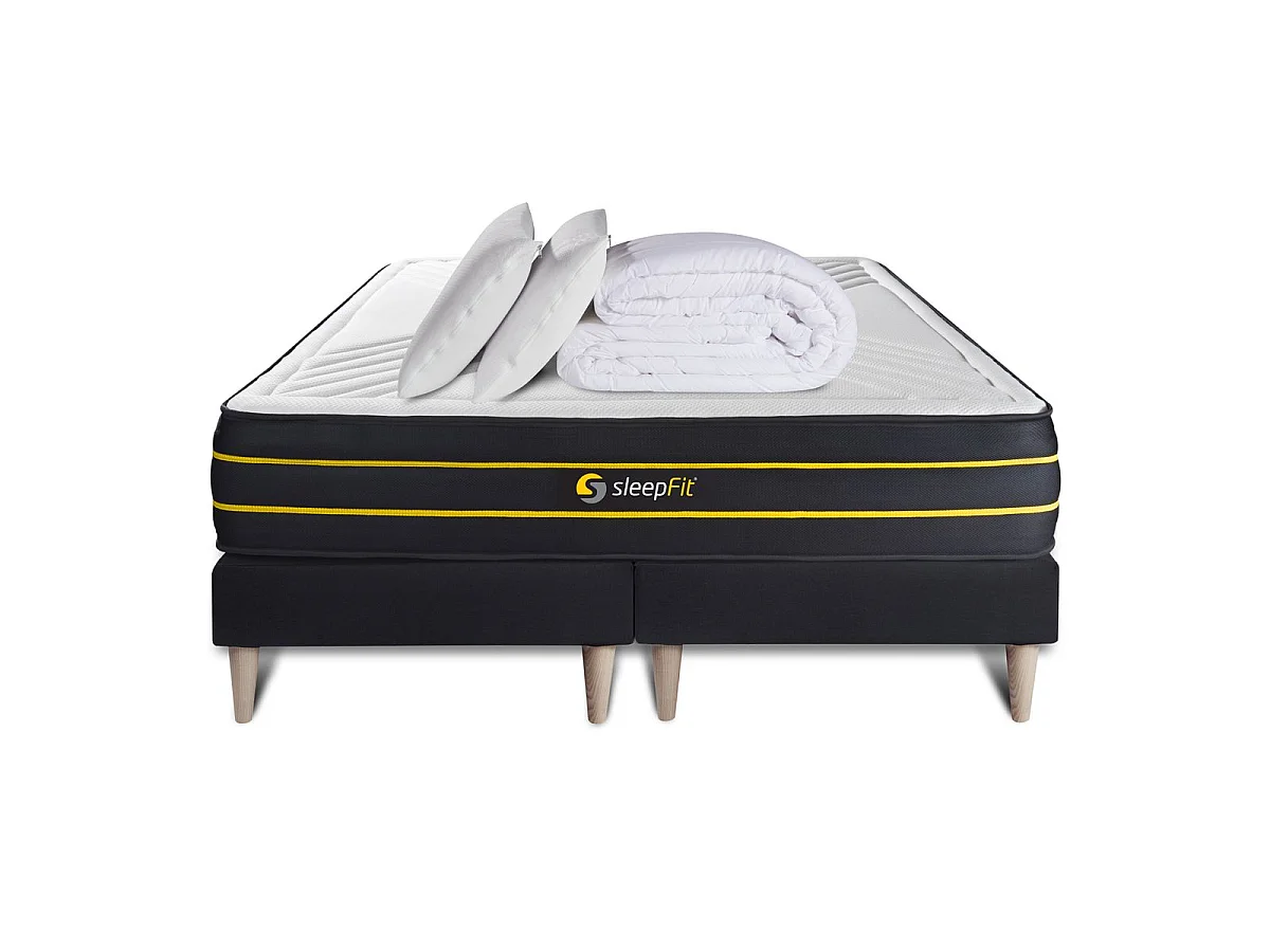 Pack matelas ULTRA 180x200 + double sommiers noir 90x200 + Couette + 2 oreillers