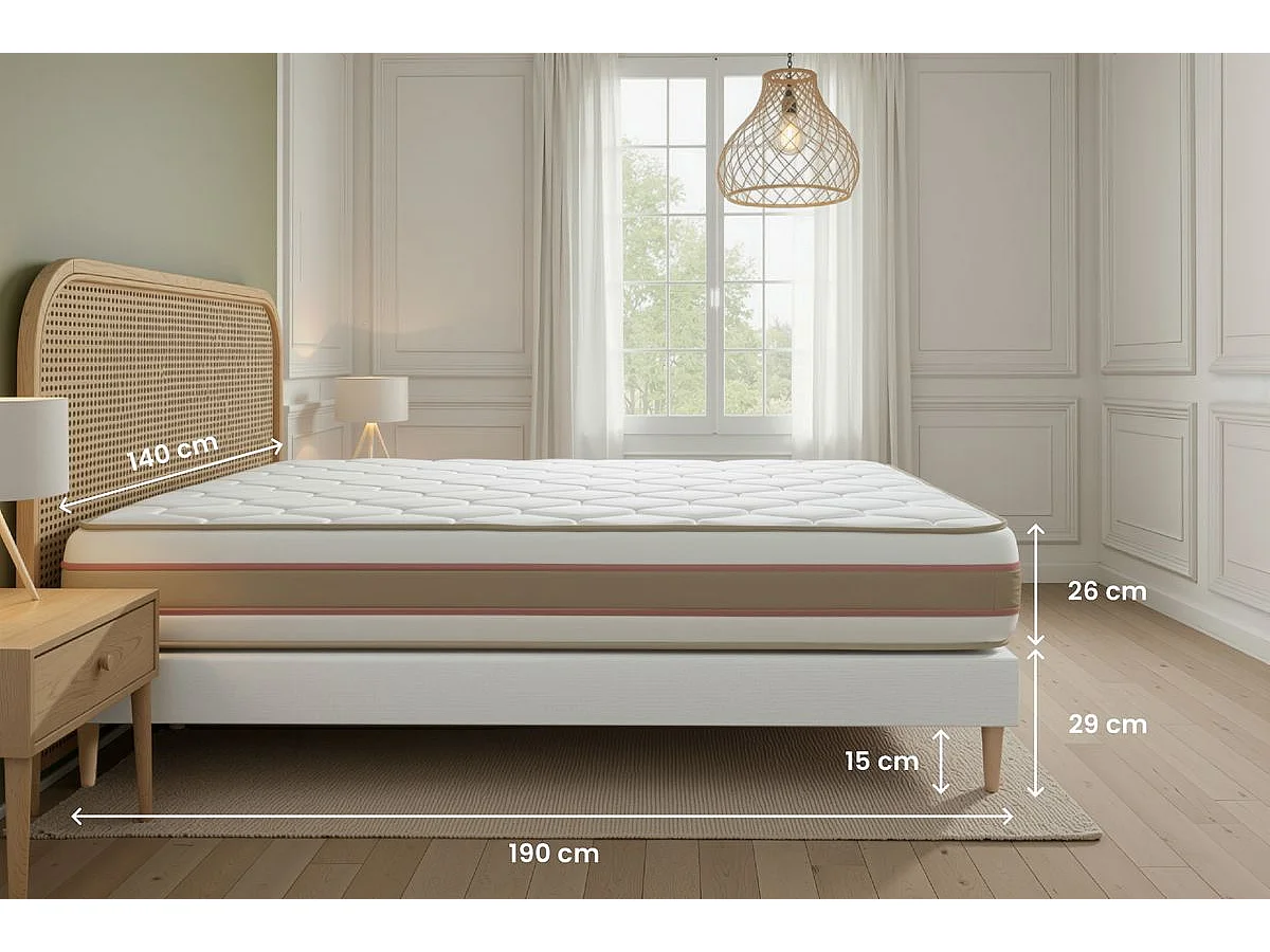 Pack prêt à dormir matelas LE DÉLICAT 140x190cm Ressorts ensachés + Mémoire de forme + sommier kit Blanc