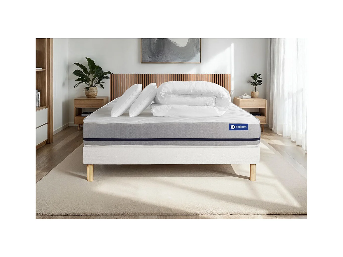 Compleet bedpakket - Matras 140x190 cm + Boxspring met lattenbodem (in kit) + 2 kussens + Dekbed - Actimemo Soft