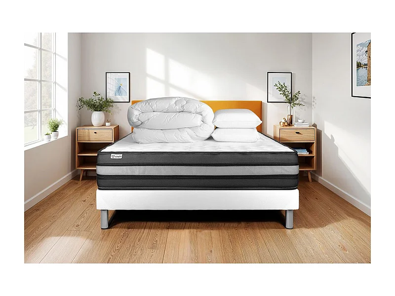 Pack cama completa - Colchón 200x200cm + Somier con láminas (kit) + 2 almohadas + Edredón - Vital Power Zen