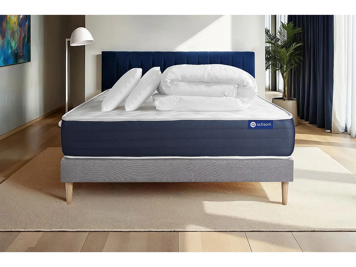 Pack prêt à dormir matelas Latex et Mémoire de forme ACTILATEX SLEEP 140x190 cm + sommier KIT gris + 2 oreillers + couette