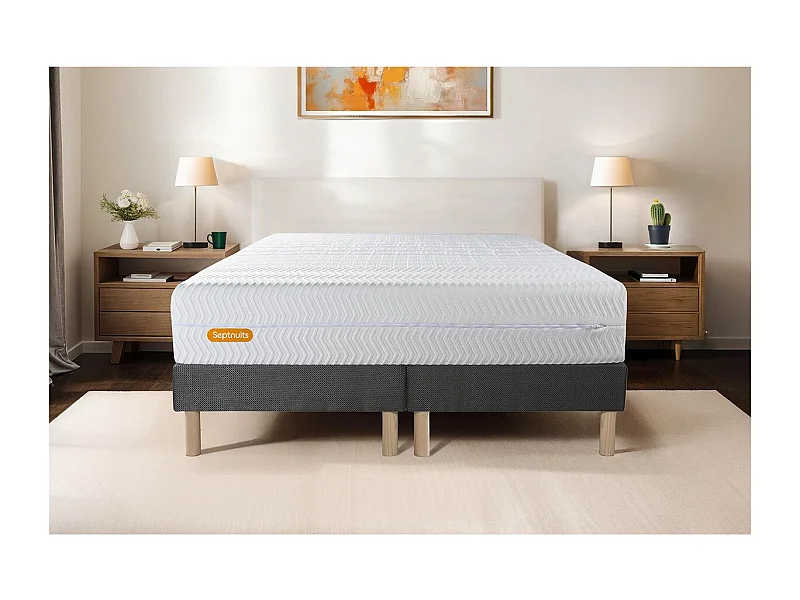 Matelas 180x200 + double sommiers gris 90x200 Memo Bio Mousse à mémoire de forme 5 zones de confort Maxi épaisseur Déhoussable