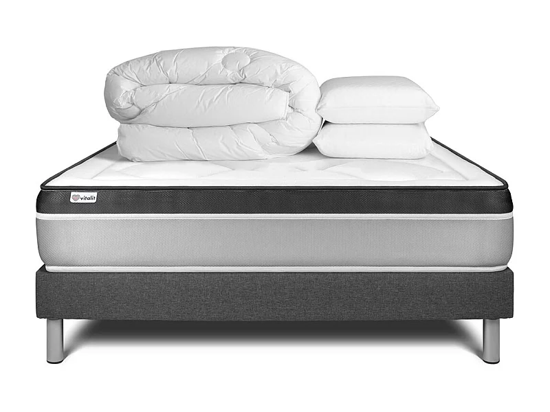 Komplettpaket Bett - Matratze 200x200 cm + Boxspringbett mit Lattenrost (im Set) + 2 Kopfkissen + Bettdecke - Vital Ergo