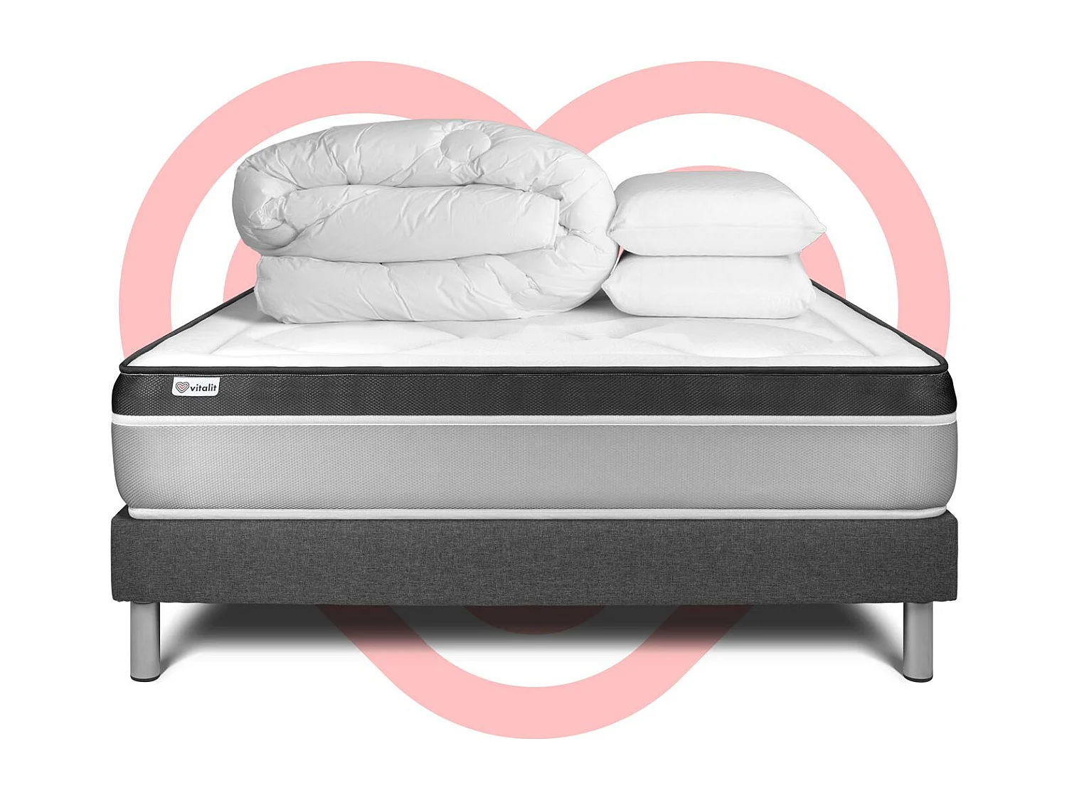 Komplettpaket Bett - Matratze 200x200 cm + Boxspringbett mit Lattenrost (im Set) + 2 Kopfkissen + Bettdecke - Vital Ergo