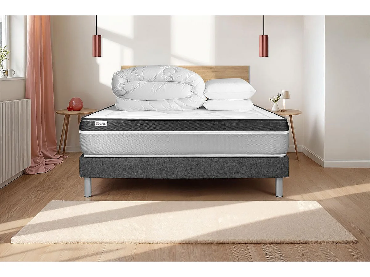 Komplettpaket Bett - Matratze 200x200 cm + Boxspringbett mit Lattenrost (im Set) + 2 Kopfkissen + Bettdecke - Vital Ergo