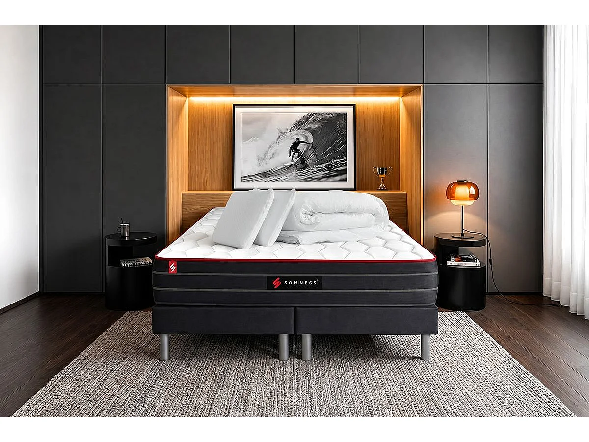 Pack matelas BOOST 200x200 + double sommiers noir 100x200 + Couette + 2 oreillers
