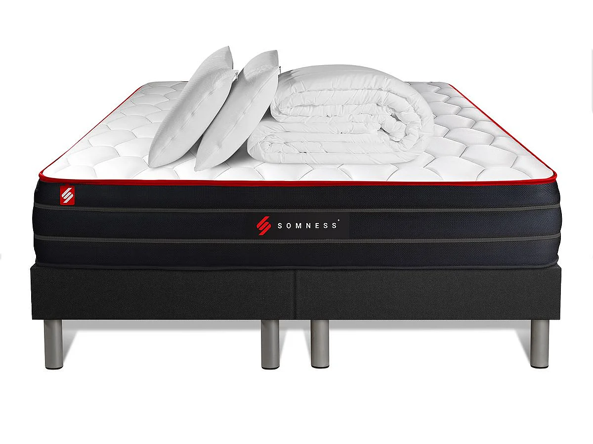 Pack matelas BOOST 200x200 + double sommiers noir 100x200 + Couette + 2 oreillers