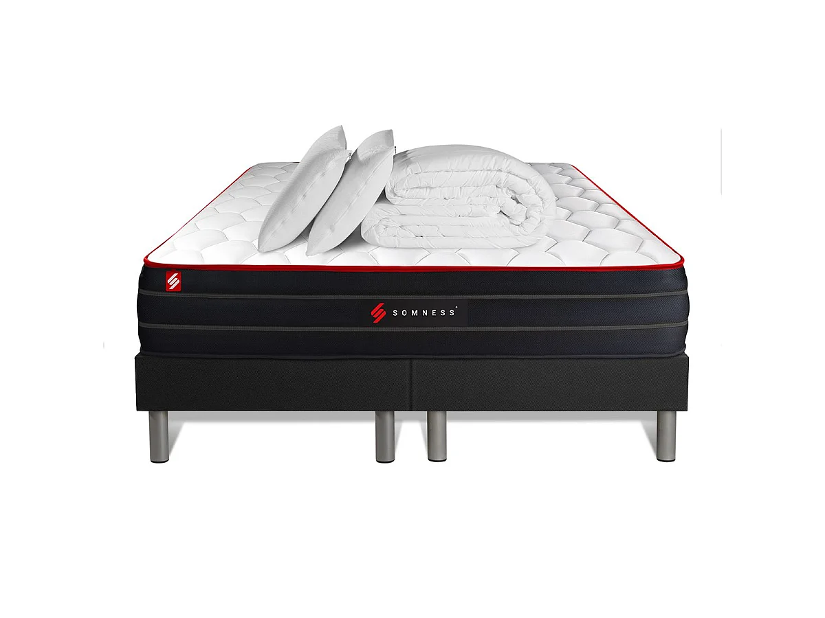 Pack matelas BOOST 200x200 + double sommiers noir 100x200 + Couette + 2 oreillers