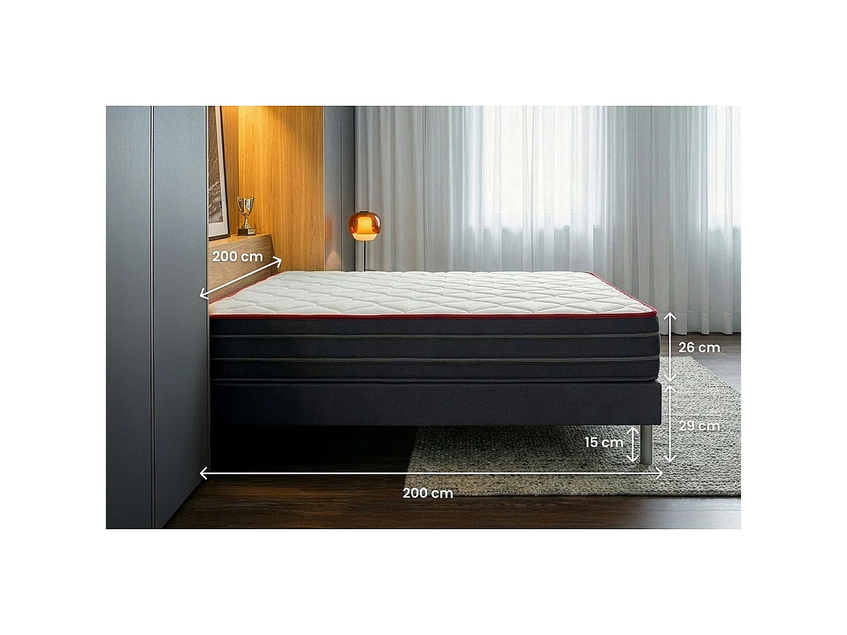 Pack matelas BOOST 200x200 + double sommiers noir 100x200 + Couette + 2 oreillers