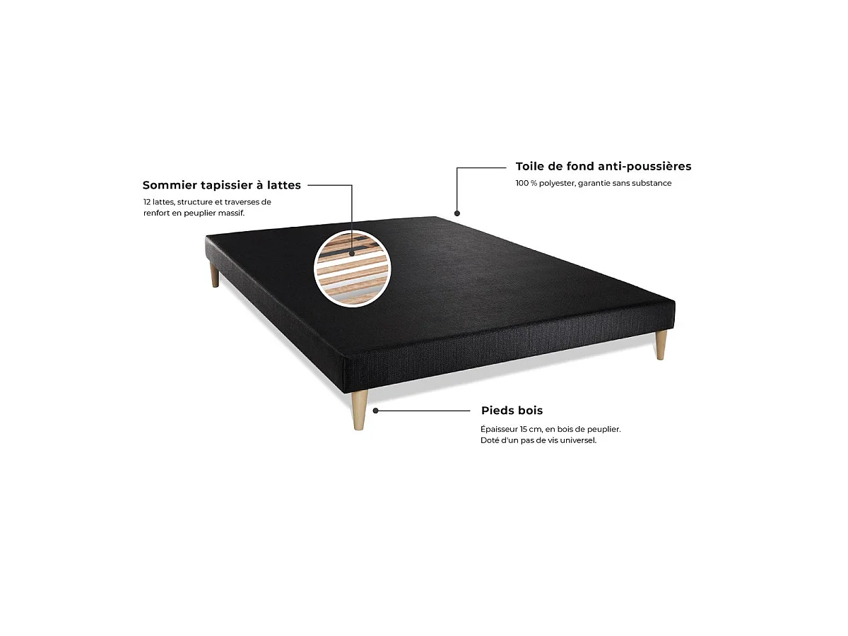 Pack matelas BOOST 200x200 + double sommiers noir 100x200 + Couette + 2 oreillers
