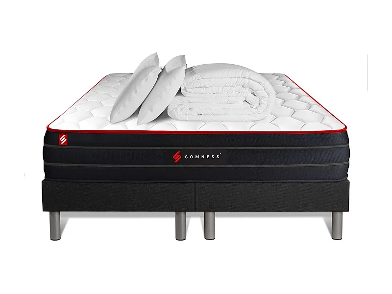 Pack matelas BOOST 200x200 + double sommiers noir 100x200 + Couette + 2 oreillers