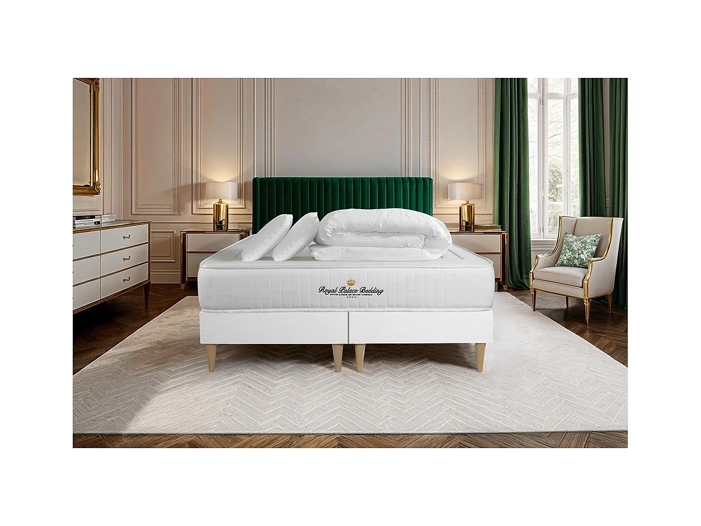 Pack matelas LANCASTER 200x200 + double sommiers blanc 90x200 + Couette + 2 oreillers