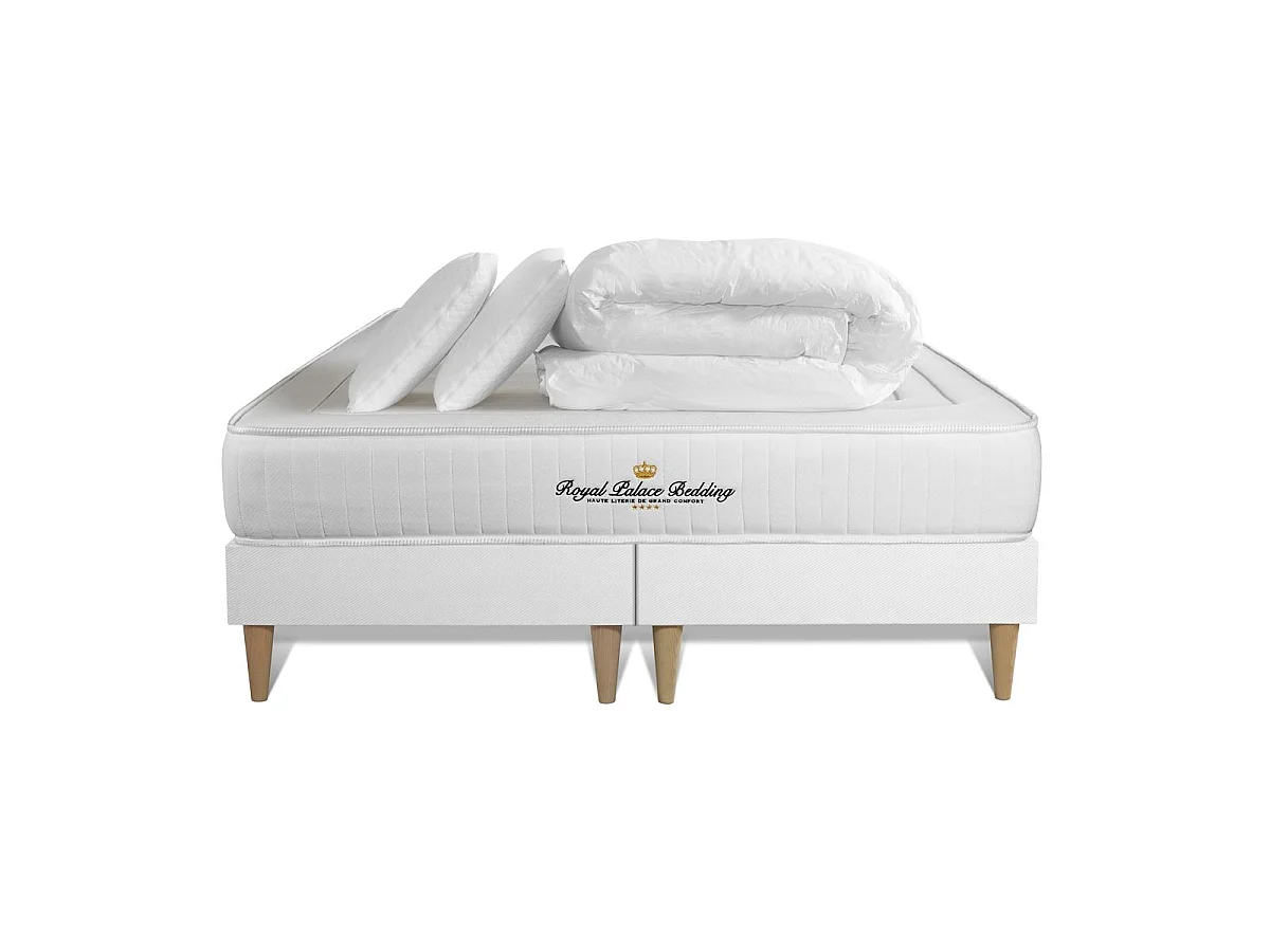Pack matelas LANCASTER 200x200 + double sommiers blanc 90x200 + Couette + 2 oreillers