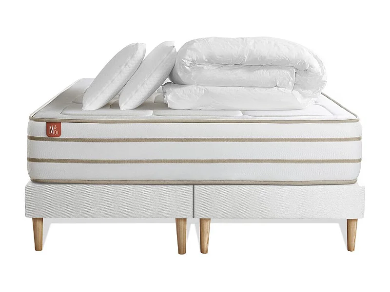Pack prêt à dormir matelas LE DOUILLET 200x200cm Mémoire de forme BioVisco + double sommiers Blanc + 2 oreillers + couette