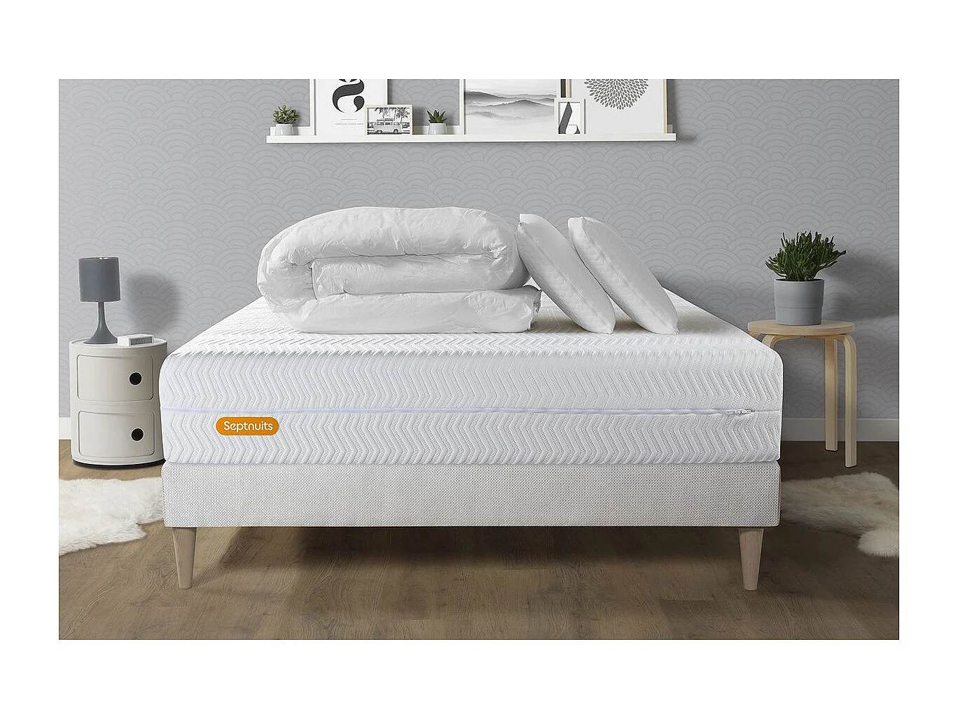 PACK Matelas + sommier kit blanc 160x200 Memo Bio Mousse à mémoire de forme Maxi épaisseur + Couette + 2 oreillers