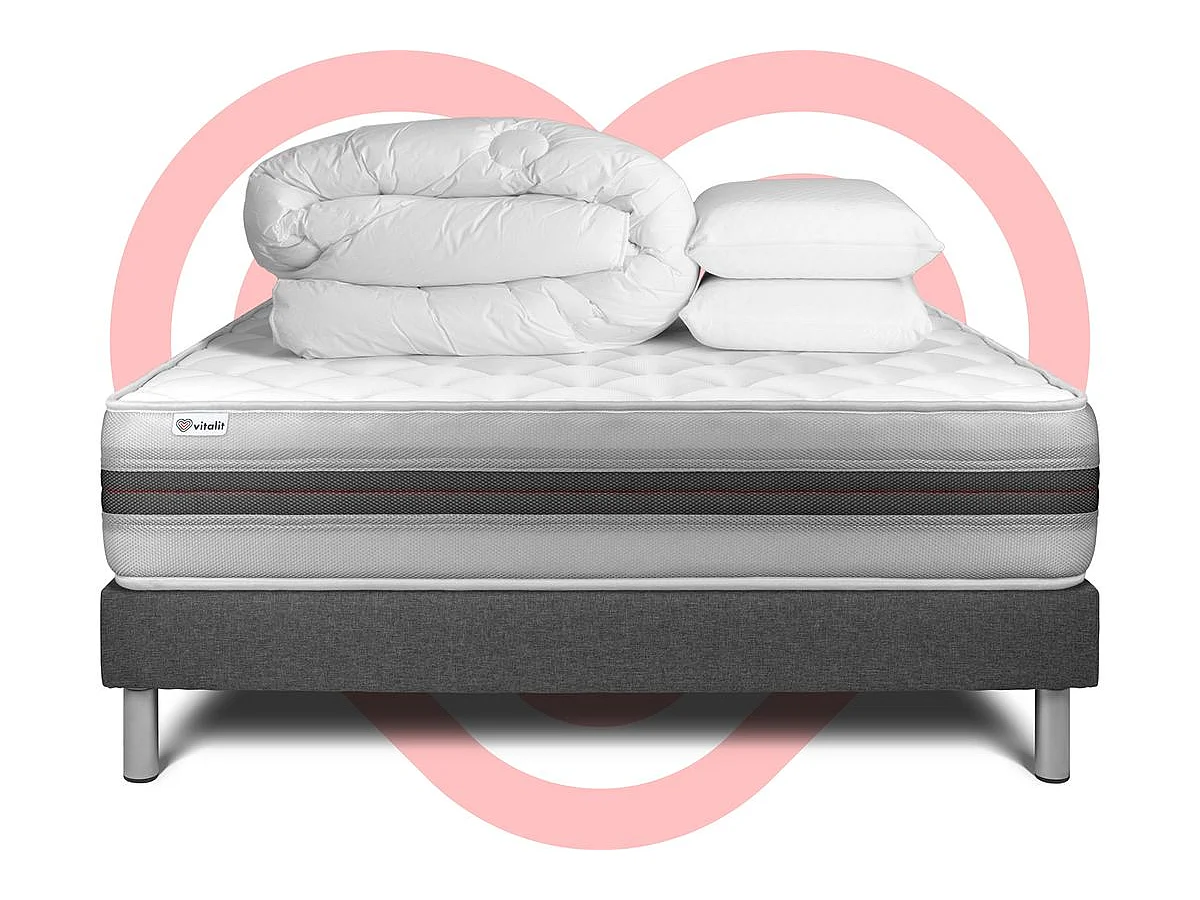Compleet bedpakket - Matras 160x200 cm + Boxspring met lattenbodem (kit) + 2 kussens + Dekbed - Vitalmemo Back