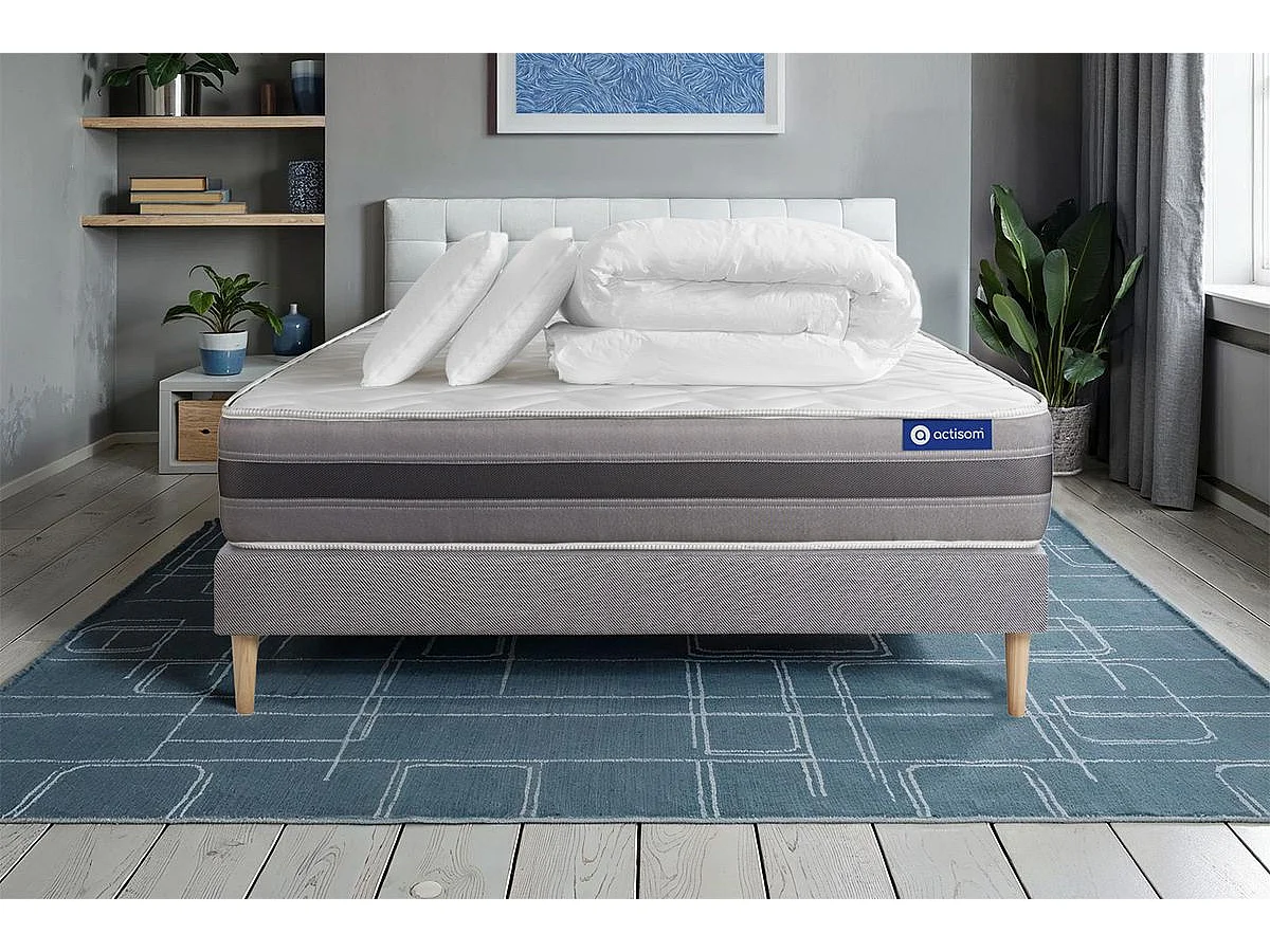 Pacchetto letto completo - Materasso 160x200cm + Box spring con doghe (kit) + 2 cuscini + Piumino - Actimemo Relax