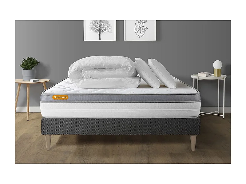 Pack matelas + sommier kit gris 140x190 Memo Zen Mousse à mémoire de forme MAXI épaisseur + Couette + 2 oreillers