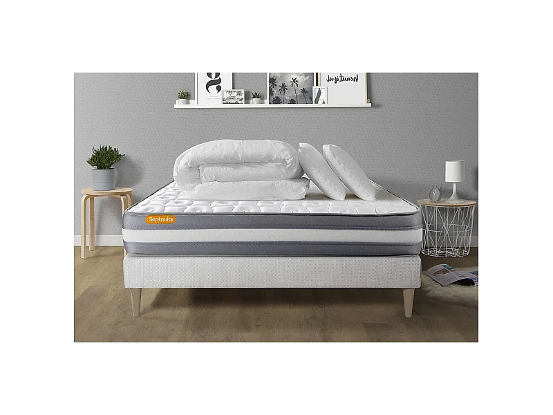 PACK matelas + sommier kit blanc 140x200 Memo Plus Mémoire de forme + 2 oreillers + couette