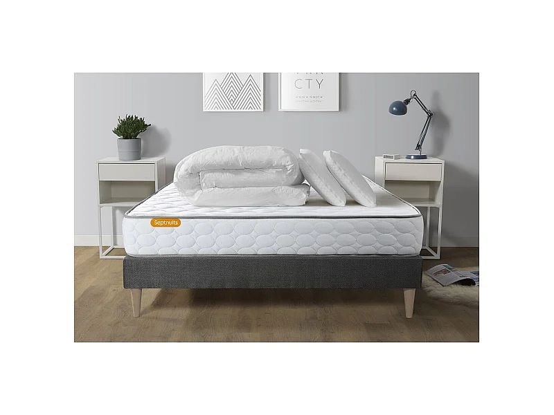 Pack matelas Memo + sommier kit gris 160x200 + 2 oreillers mémoire de forme