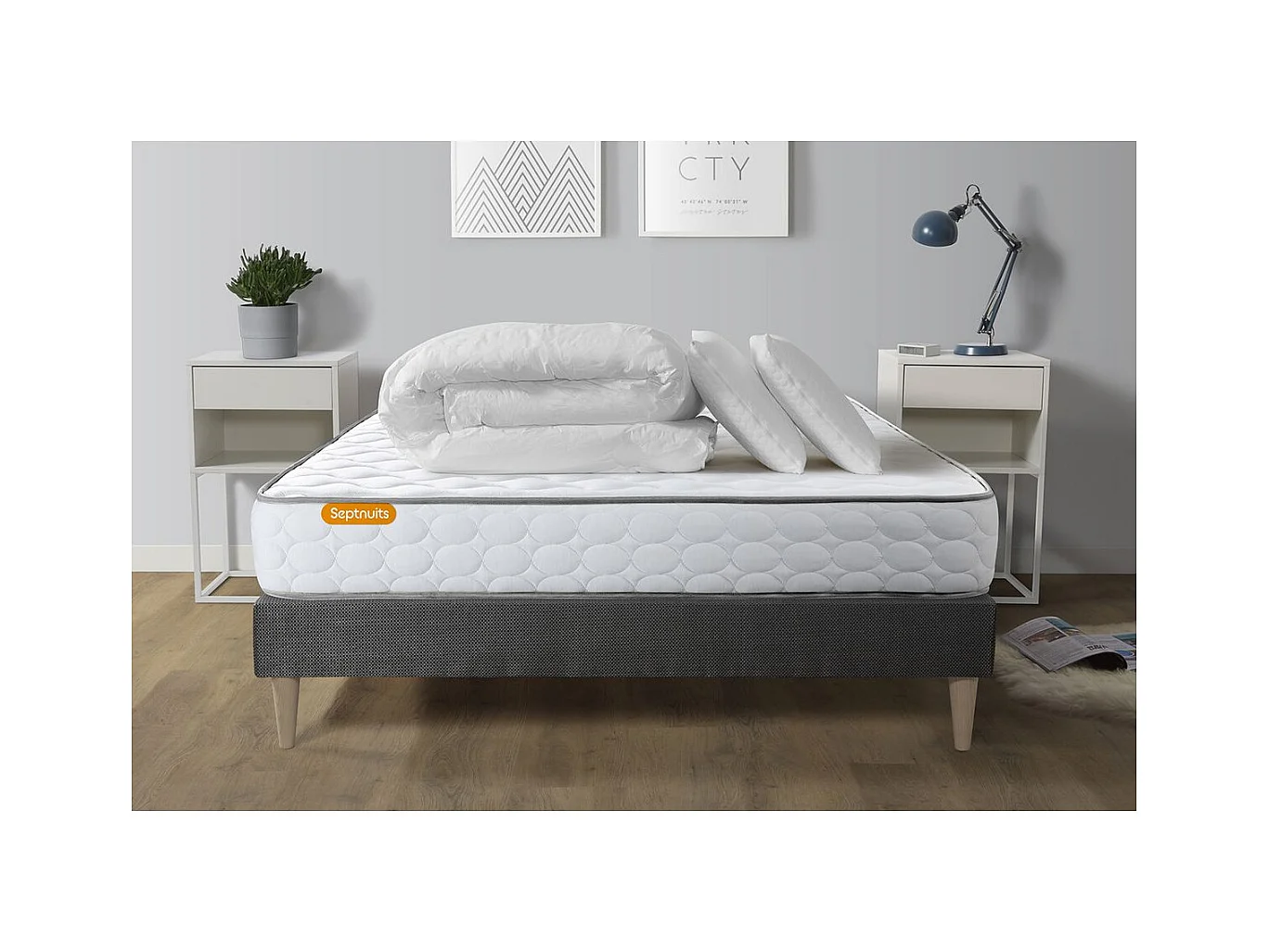 Pack matelas Memo + sommier kit gris 160x200 + 2 oreillers mémoire de forme