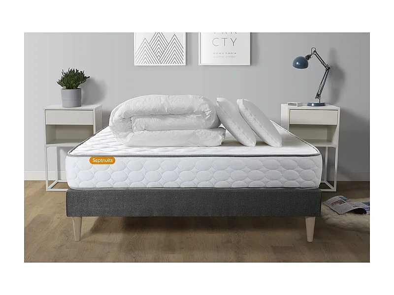 Pack matelas Memo + sommier kit gris 160x200 + 2 oreillers mémoire de forme