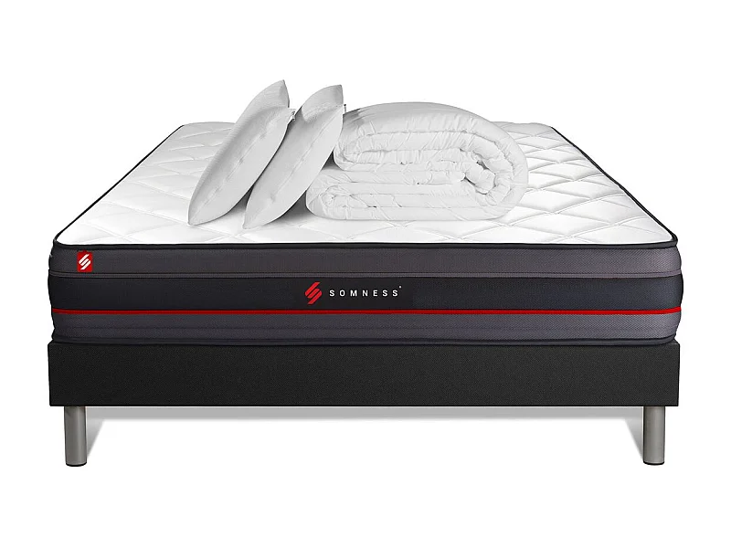 Pack prêt à dormir 180x200 matelas REGEN à mémoire de forme + sommier kit noir + Couette 260x240cm + 2 oreillers 60x40cm