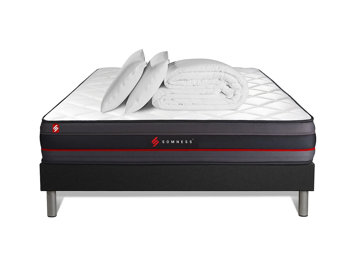 Pack prêt à dormir 180x200 matelas REGEN à mémoire de forme + sommier kit noir + Couette 260x240cm + 2 oreillers 60x40cm