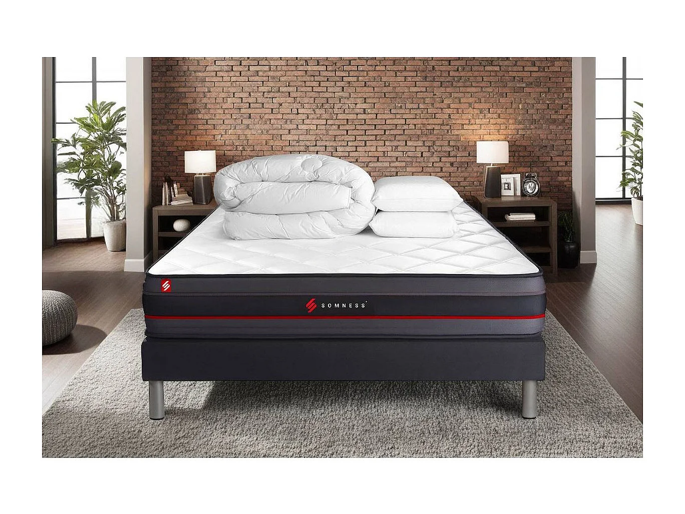 Pack prêt à dormir 180x200 matelas REGEN à mémoire de forme + sommier kit noir + Couette 260x240cm + 2 oreillers 60x40cm