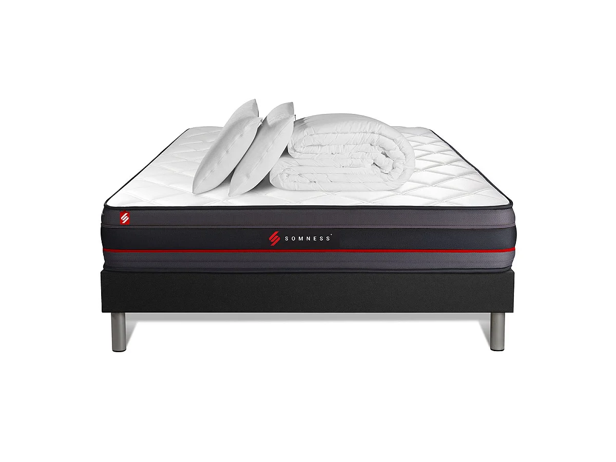 Pack prêt à dormir 180x200 matelas REGEN à mémoire de forme + sommier kit noir + Couette 260x240cm + 2 oreillers 60x40cm