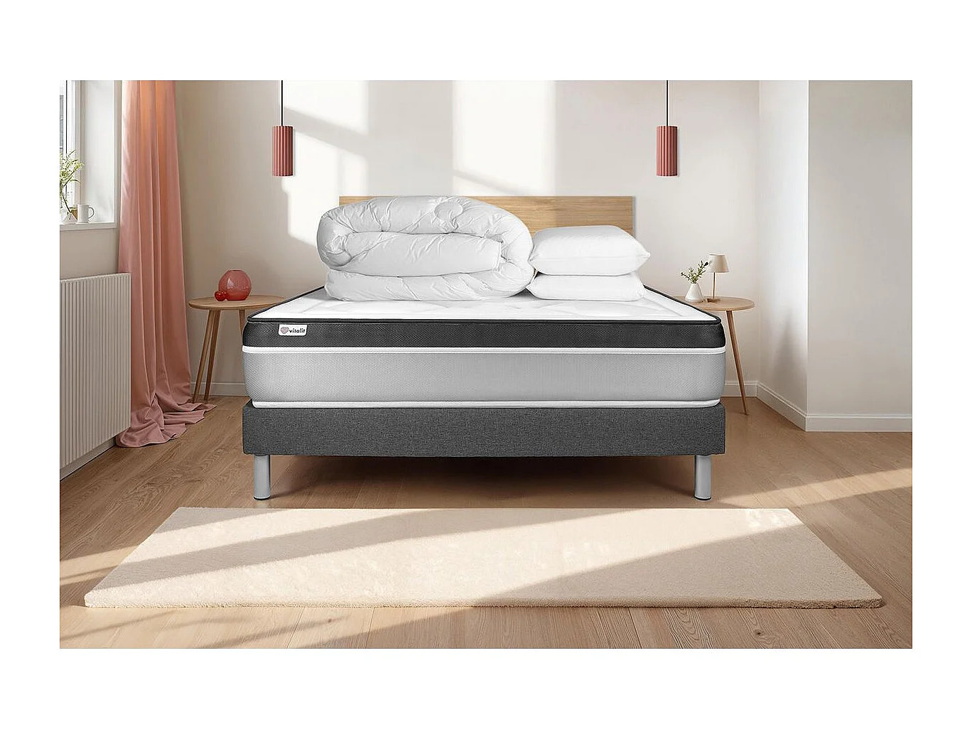 Compleet bedpakket - Matras 140x190 cm + Boxspring met lattenbodem (in kit) + 2 kussens + Dekbed - Vital Ergo
