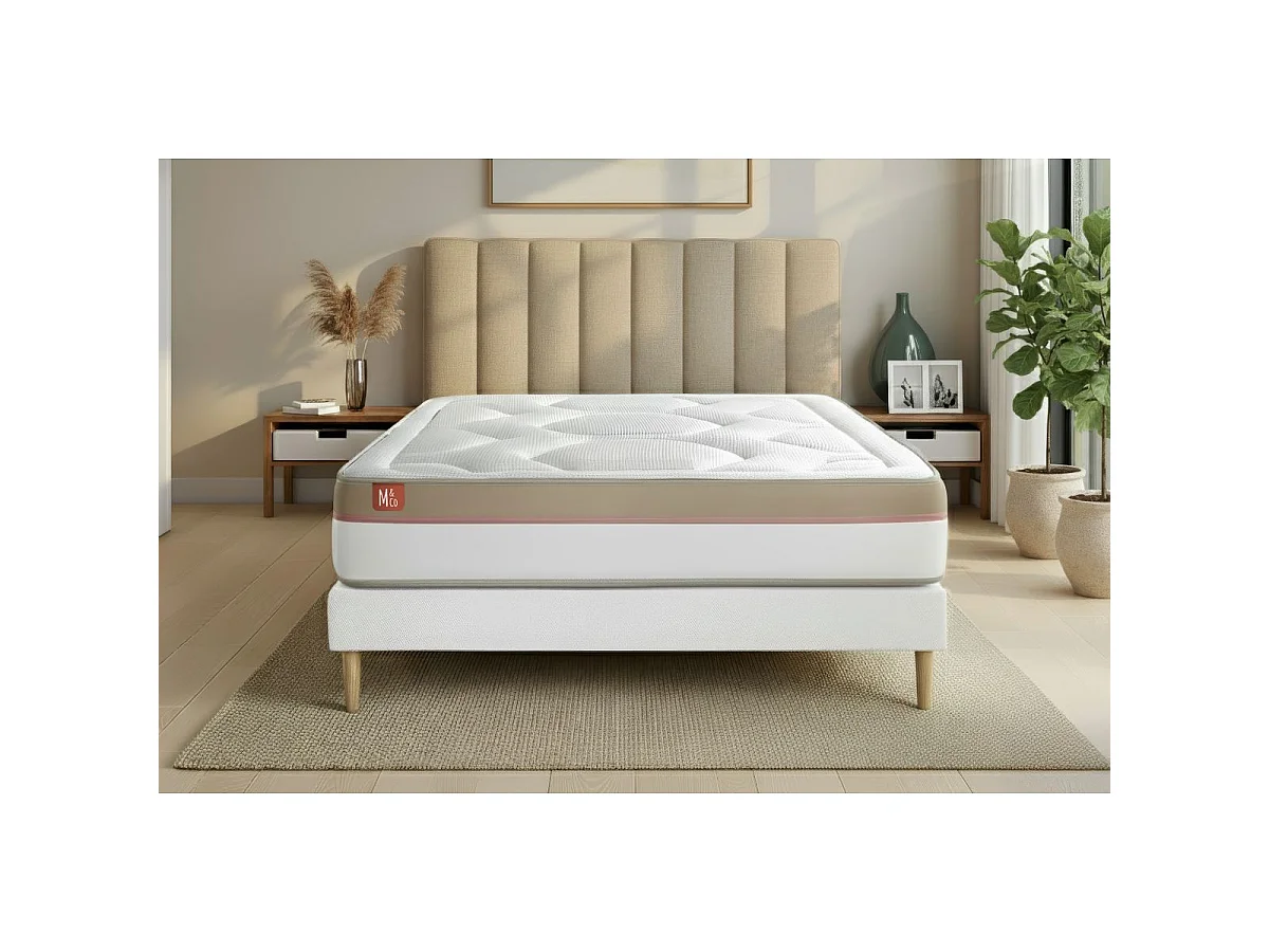 Ensemble LE COSY 90x200cm Mémoire de forme 7 zones de confort - Ep. 30cm + sommier kit Blanc
