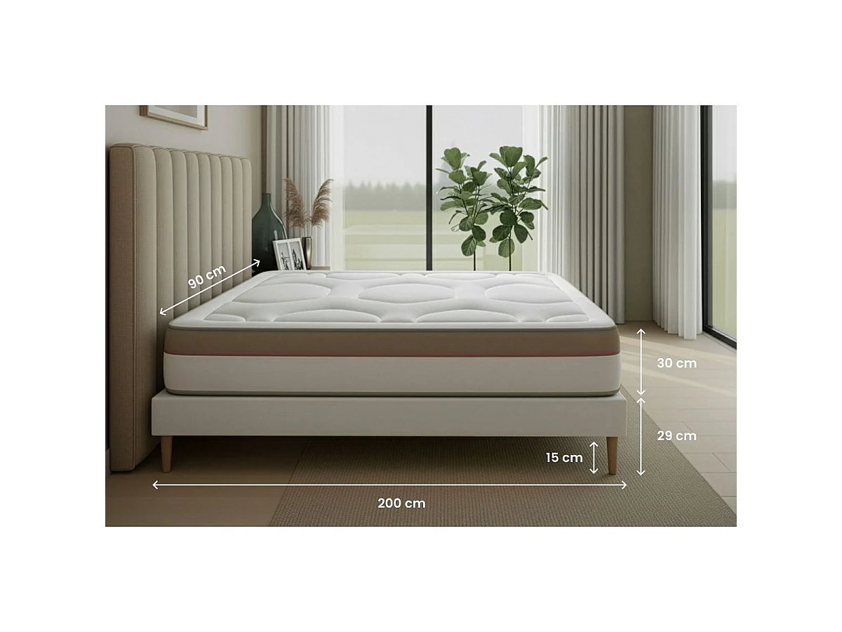 Ensemble LE COSY 90x200cm Mémoire de forme 7 zones de confort - Ep. 30cm + sommier kit Blanc