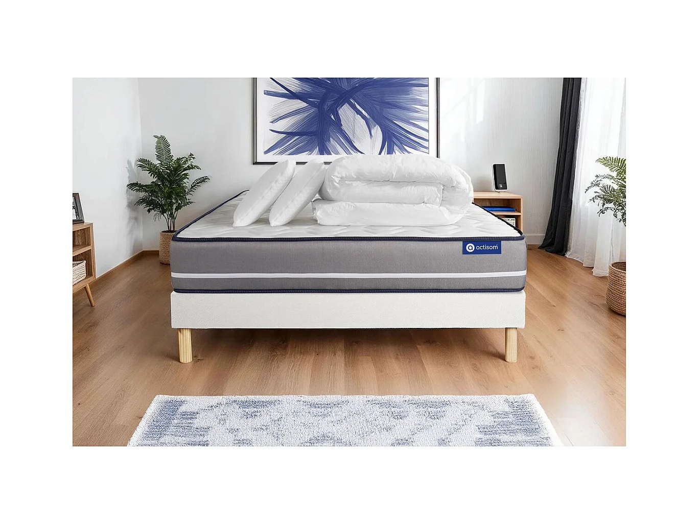 Pack prêt à dormir matelas Latex + mémoire de forme ACTILATEX PUR 200x200cm + sommier KIT blanc + 2 oreillers + couette
