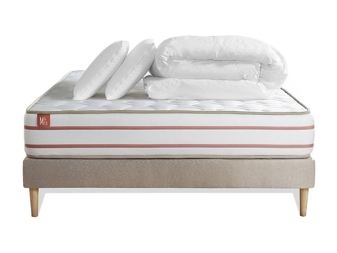 Pack prêt à dormir matelas LE DOUX 140x190cm Mémoire de forme - Ep. 24cm + sommier kit Beige + 2 oreillers + couette 240x220