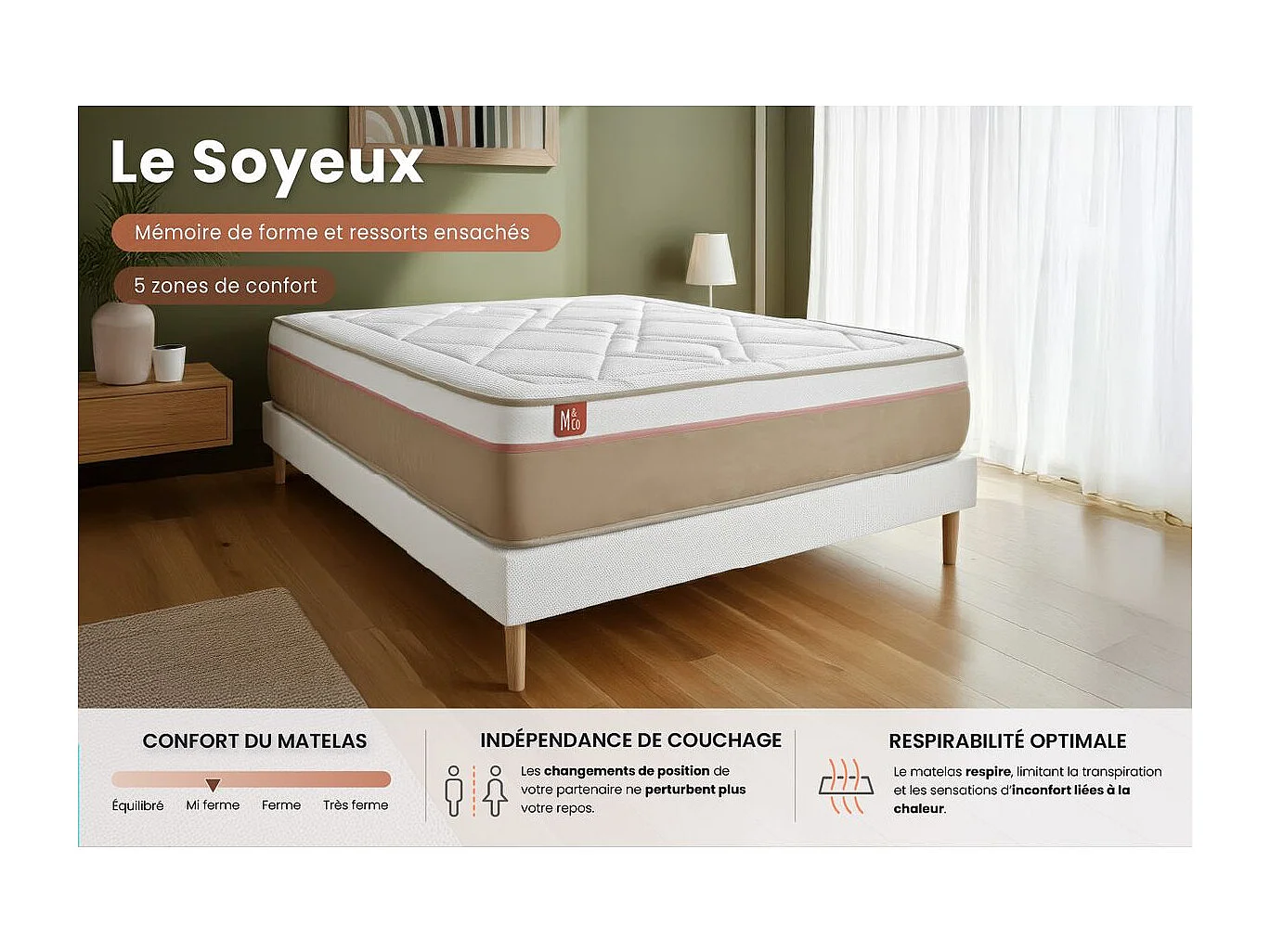 Pack prêt à dormir matelas LE SOYEUX 140x190cm Ressorts ensachés + Mémoire de forme BioVisco + sommier kit Beige