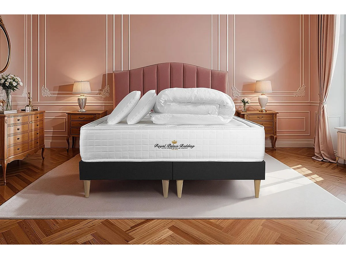 Pack matelas à mémoire de forme maxi épaisseur Buckingham 180x200cm + double sommier Noir 90x200 cm + 2 oreillers + 1 couette