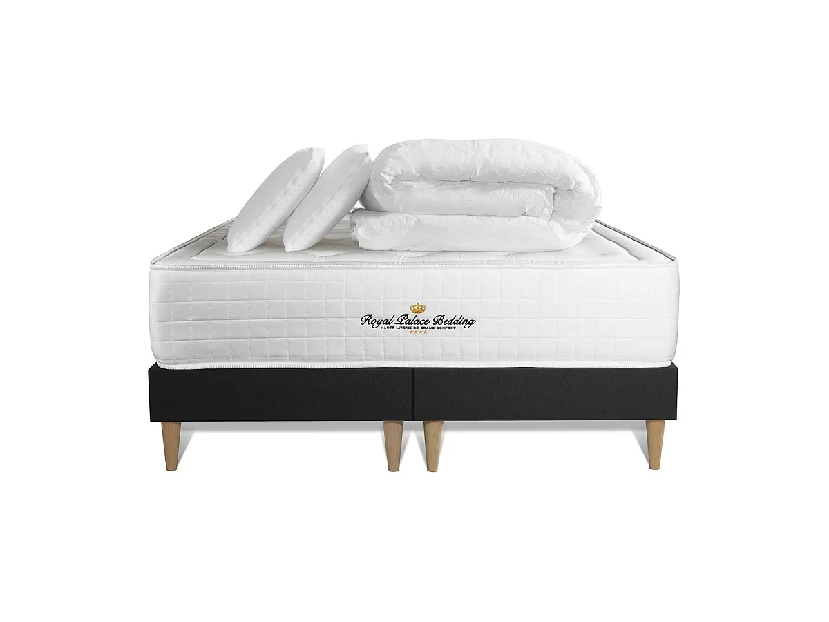 Pack matelas à mémoire de forme maxi épaisseur Buckingham 180x200cm + double sommier Noir 90x200 cm + 2 oreillers + 1 couette
