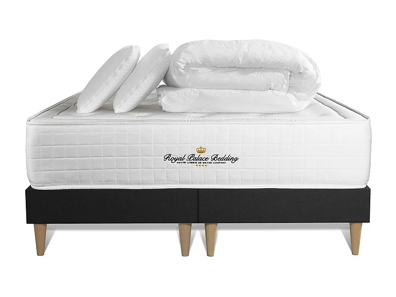 Pack matelas à mémoire de forme maxi épaisseur Buckingham 180x200cm + double sommier Noir 90x200 cm + 2 oreillers + 1 couette