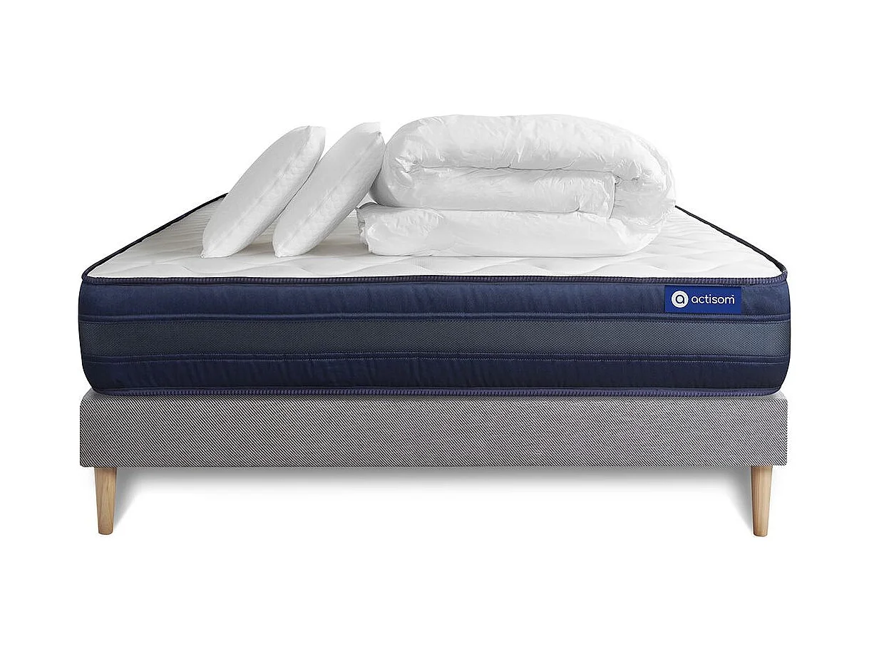 Pack prêt à dormir matelas ACTIMEMO TECH 140x190 Mémoire de forme 5zones de confort + sommier KIT gris + 2oreillers +couette