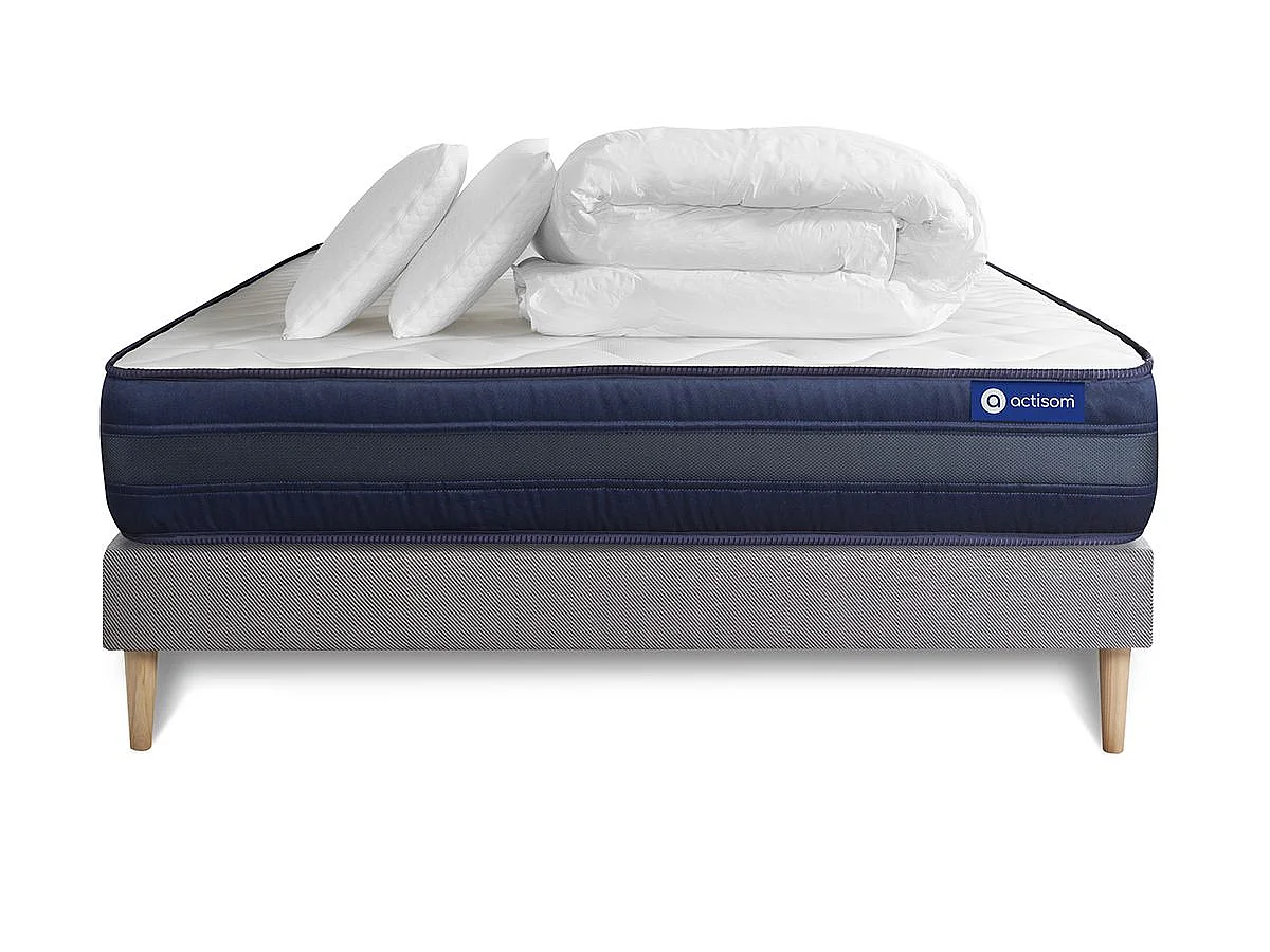 Pacchetto letto completo - Materasso 140x190cm + Box spring con doghe (kit) + 2 cuscini + Piumino - Actimemo Tech