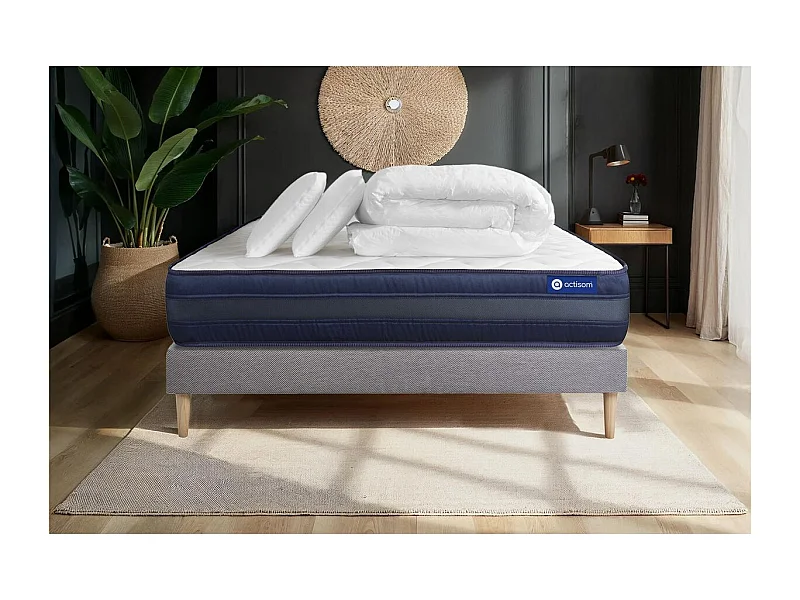 Pack prêt à dormir matelas ACTIMEMO TECH 140x190 Mémoire de forme 5zones de confort + sommier KIT gris + 2oreillers +couette